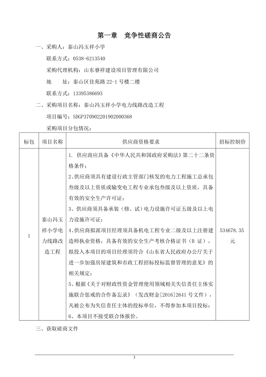 泰山冯玉祥小学电力线路改造工程施工竞争性磋商文件_第3页