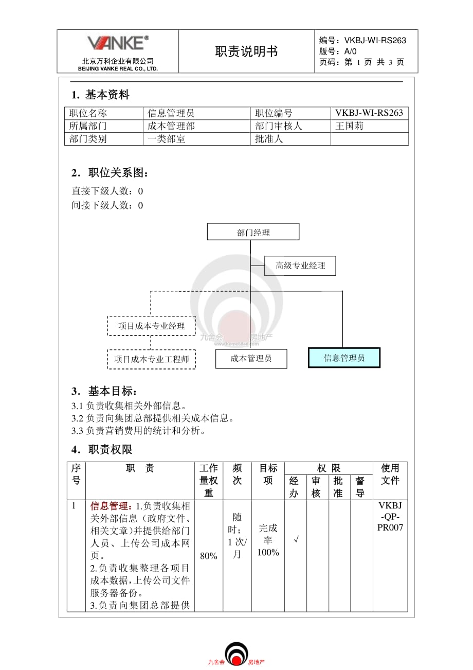 北京万科＿管理职责_成本管理部_信息管理_九舍会c房地产成本组织(万科万达中海保利绿城恒大龙湖华润)_第1页