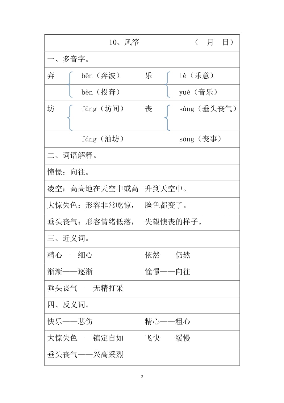 小学人教版语文三年级上册第三单元多音字、词语解释、近义词、反义词每课重点归纳_第2页