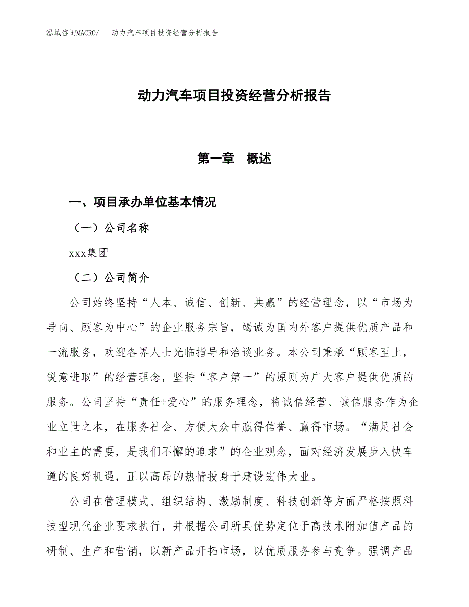 动力汽车项目投资经营分析报告模板.docx_第1页