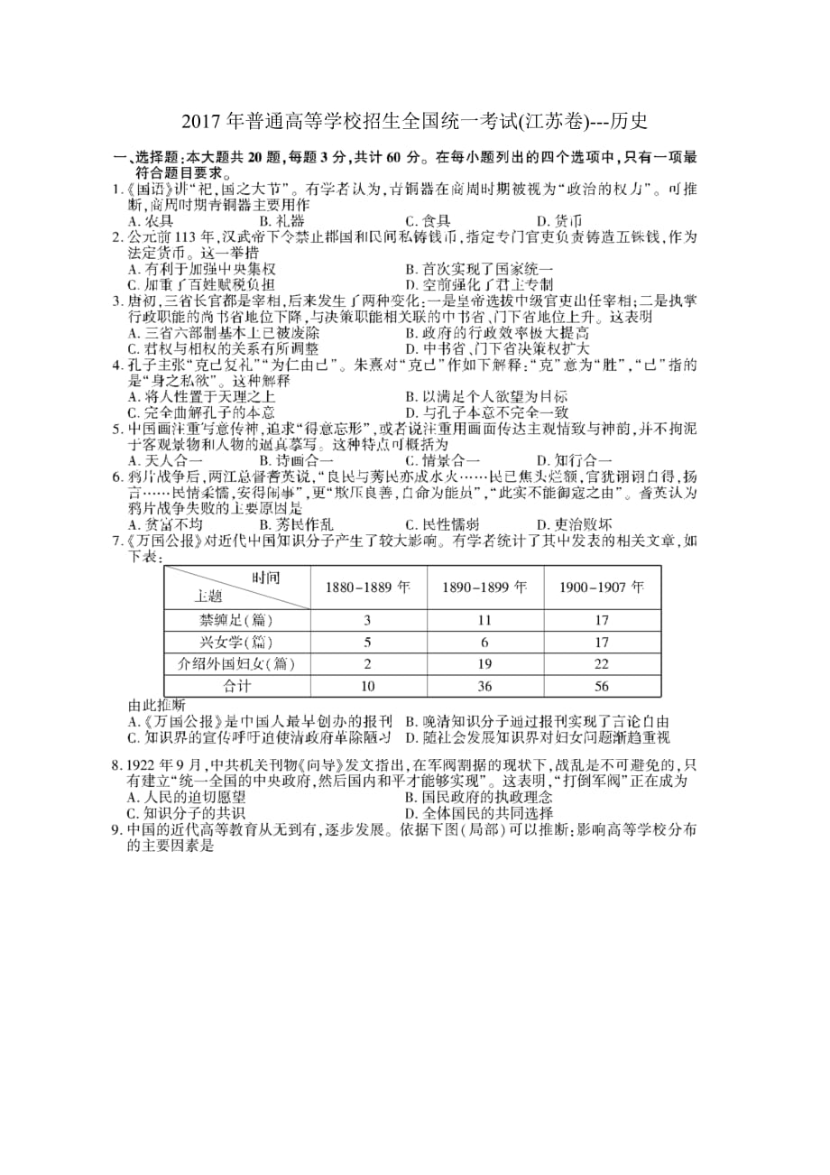 2017年江苏高考---历史试题及标准答案_第1页