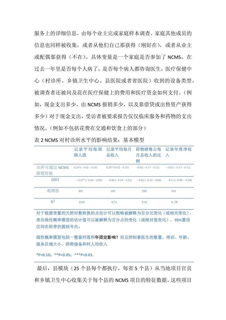 运用多元倍差分析中国新型农村合作医疗方案和它对农村初级医疗保健启示的新证据._第5页