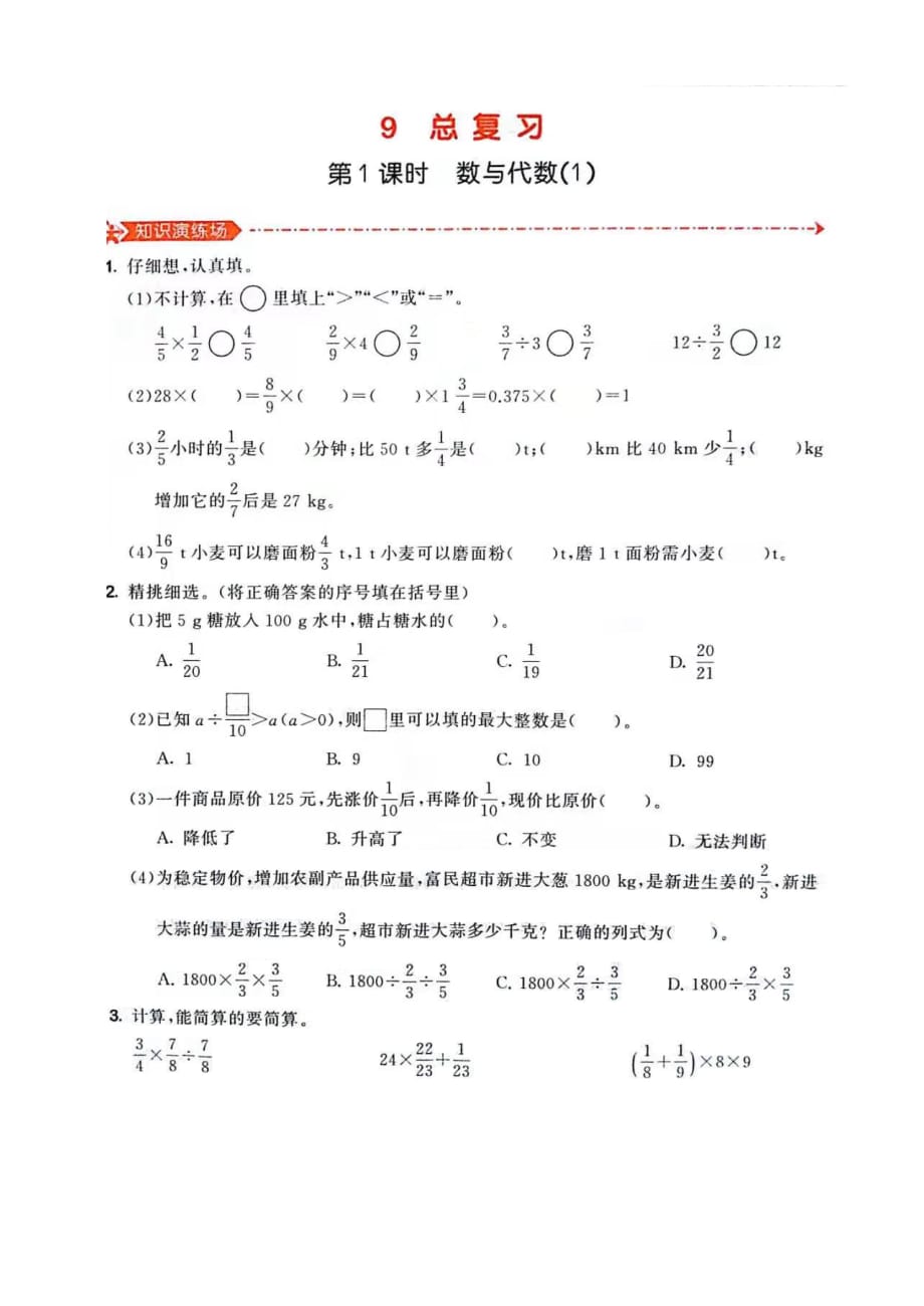 2019-2020学年六年级数学上册9.1总复习 数与代数(1)（含详解）人教新课标（2014秋）_第1页