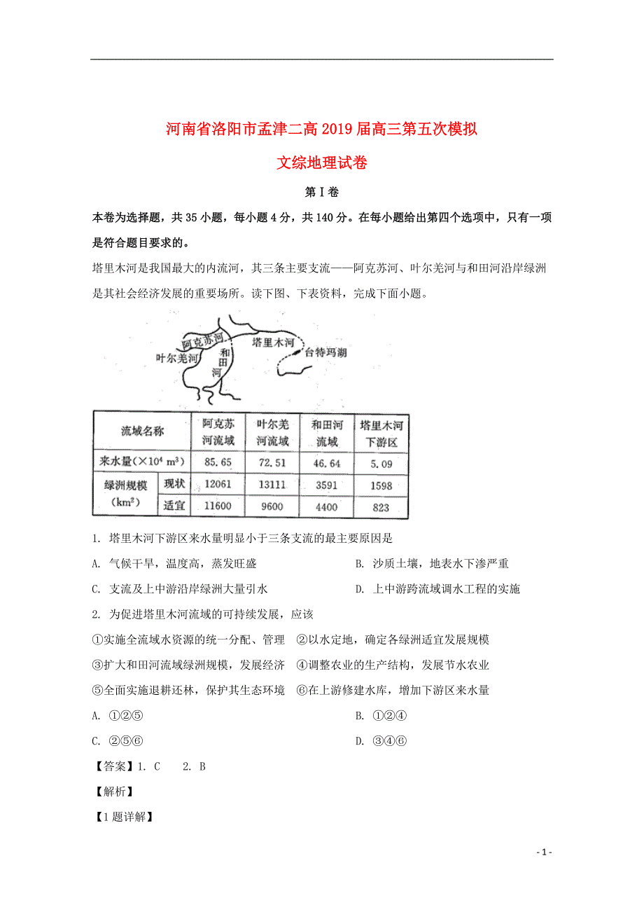 河南省洛阳市孟津二高2019届高三地理第五次模拟试题（含解析）_第1页