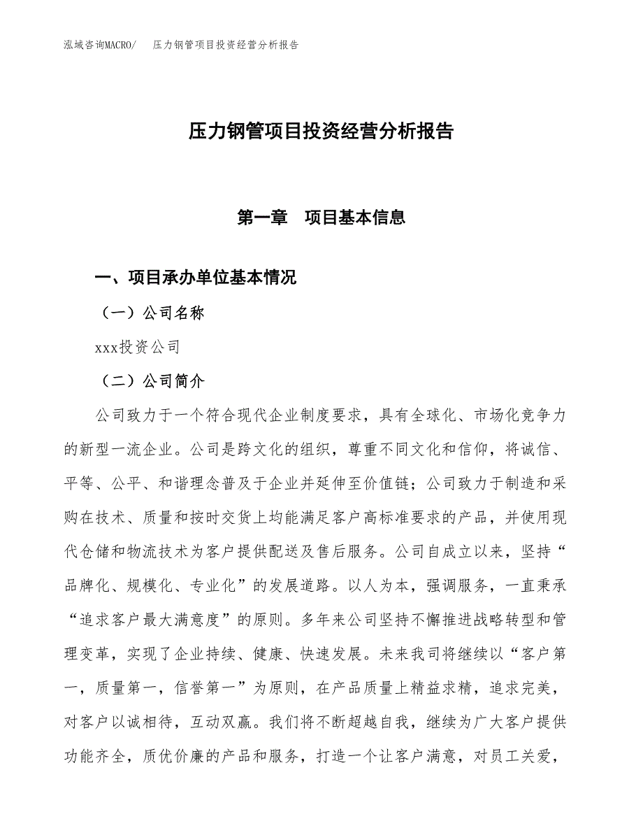 压力钢管项目投资经营分析报告模板.docx_第1页