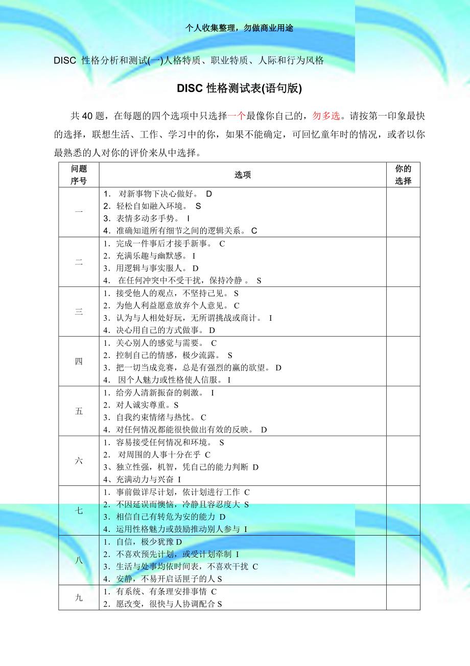 disc性格考试表语句版、词汇版_第3页