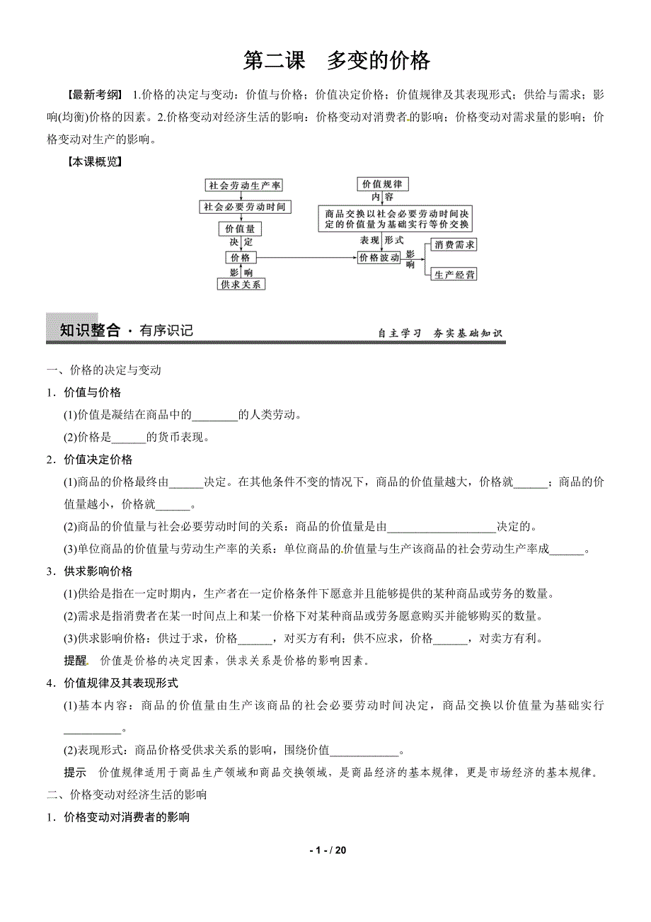 2015届高三政治一轮复习强化学案：第二课 多变的价格(新人教必修1)_第1页