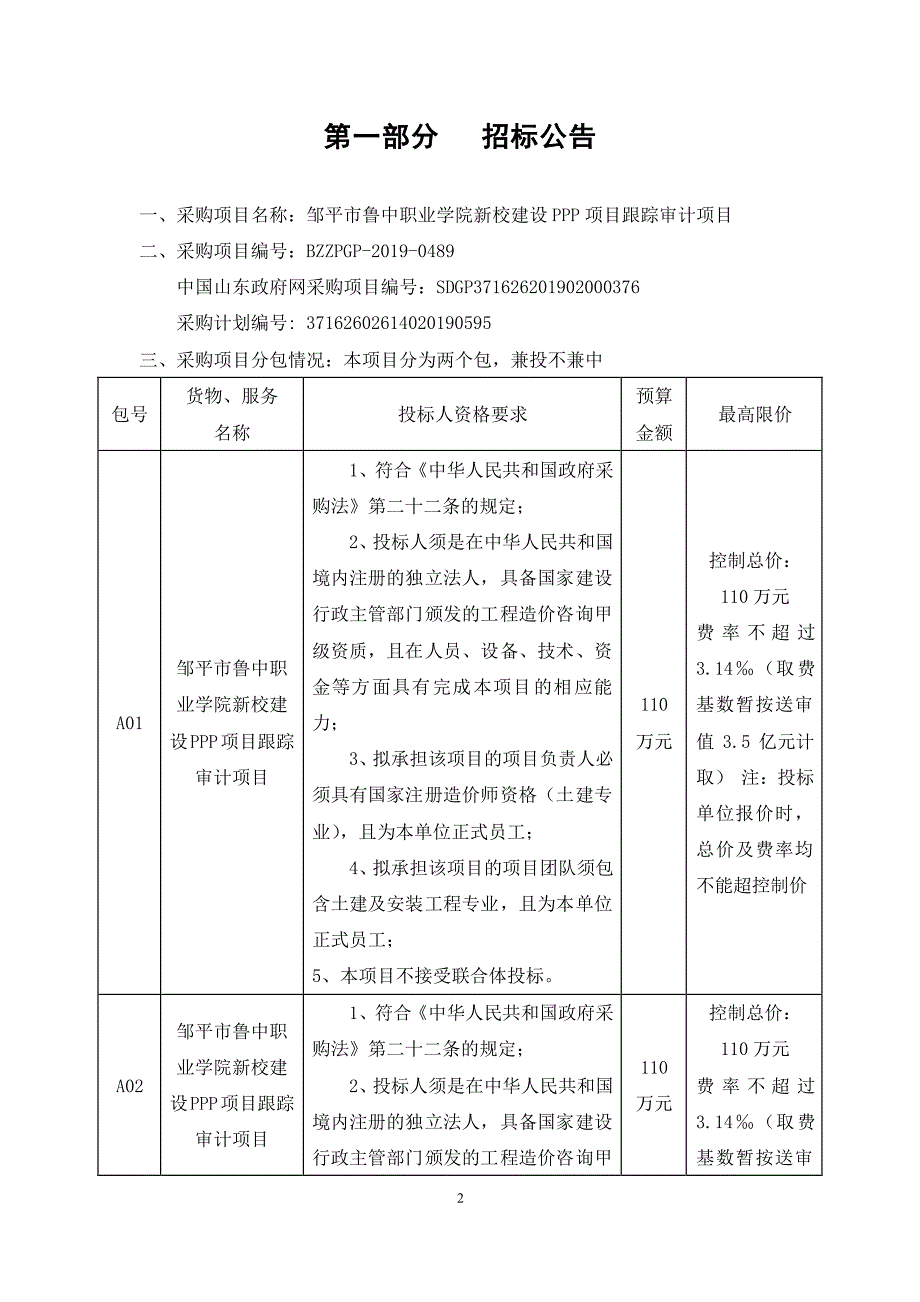 邹平市鲁中职业学院新校建设PPP项目跟踪审计项目公开招标文件_第3页