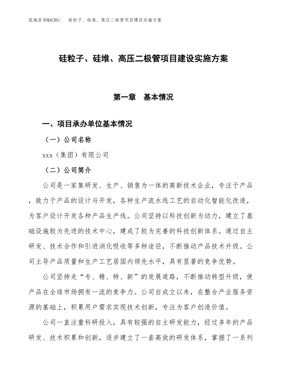 硅粒子、硅堆、高压二极管项目建设实施方案（模板）_第1页