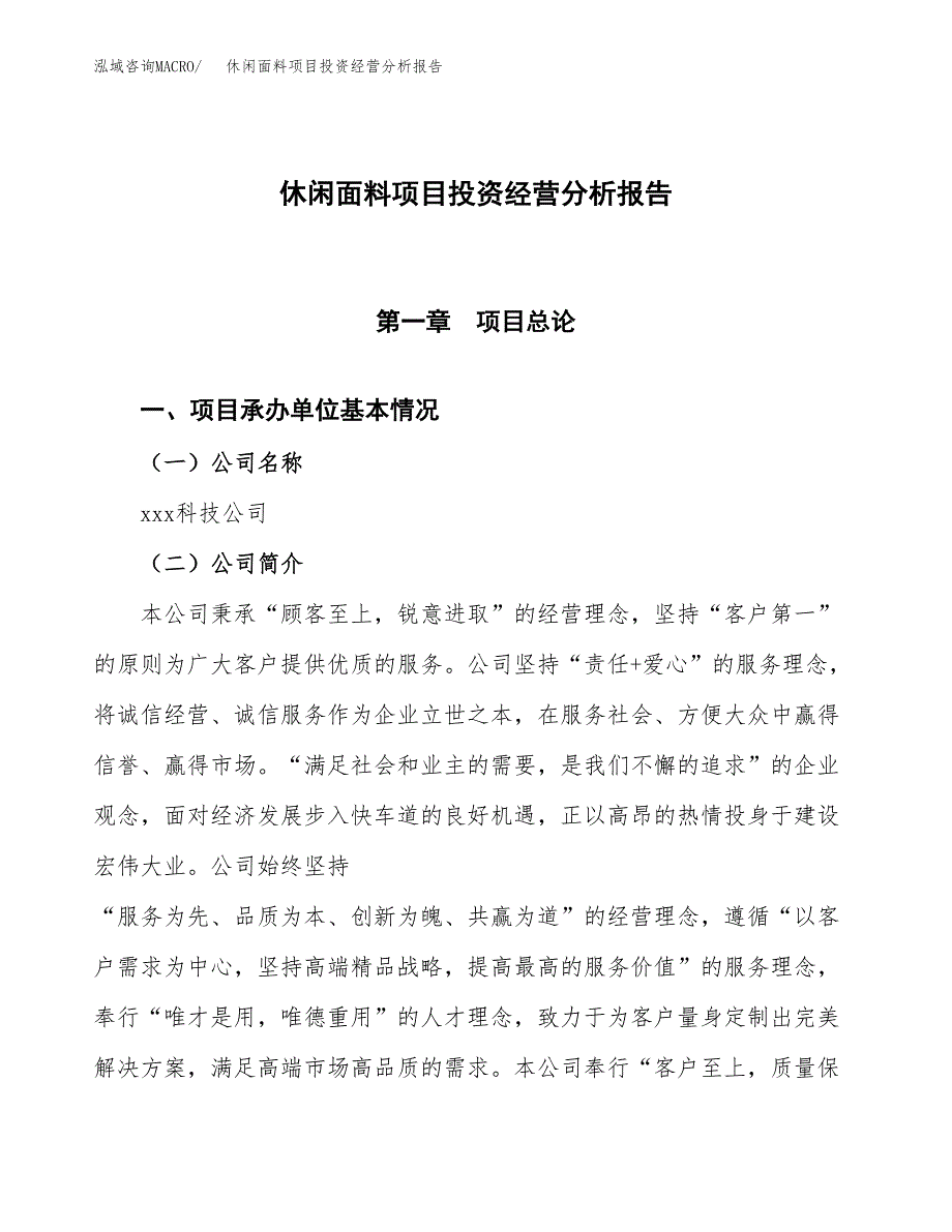 休闲面料项目投资经营分析报告模板.docx_第1页