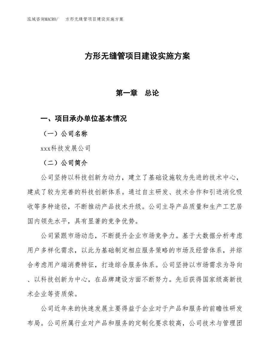 方形无缝管项目建设实施方案（模板）_第1页