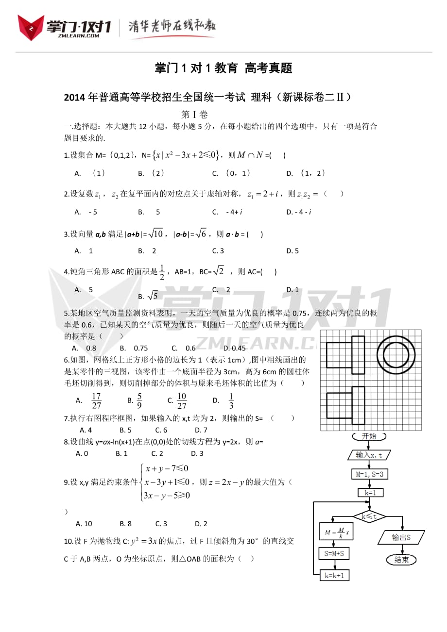 2014年新课标2卷理科数学高考真题及标准答案_第1页
