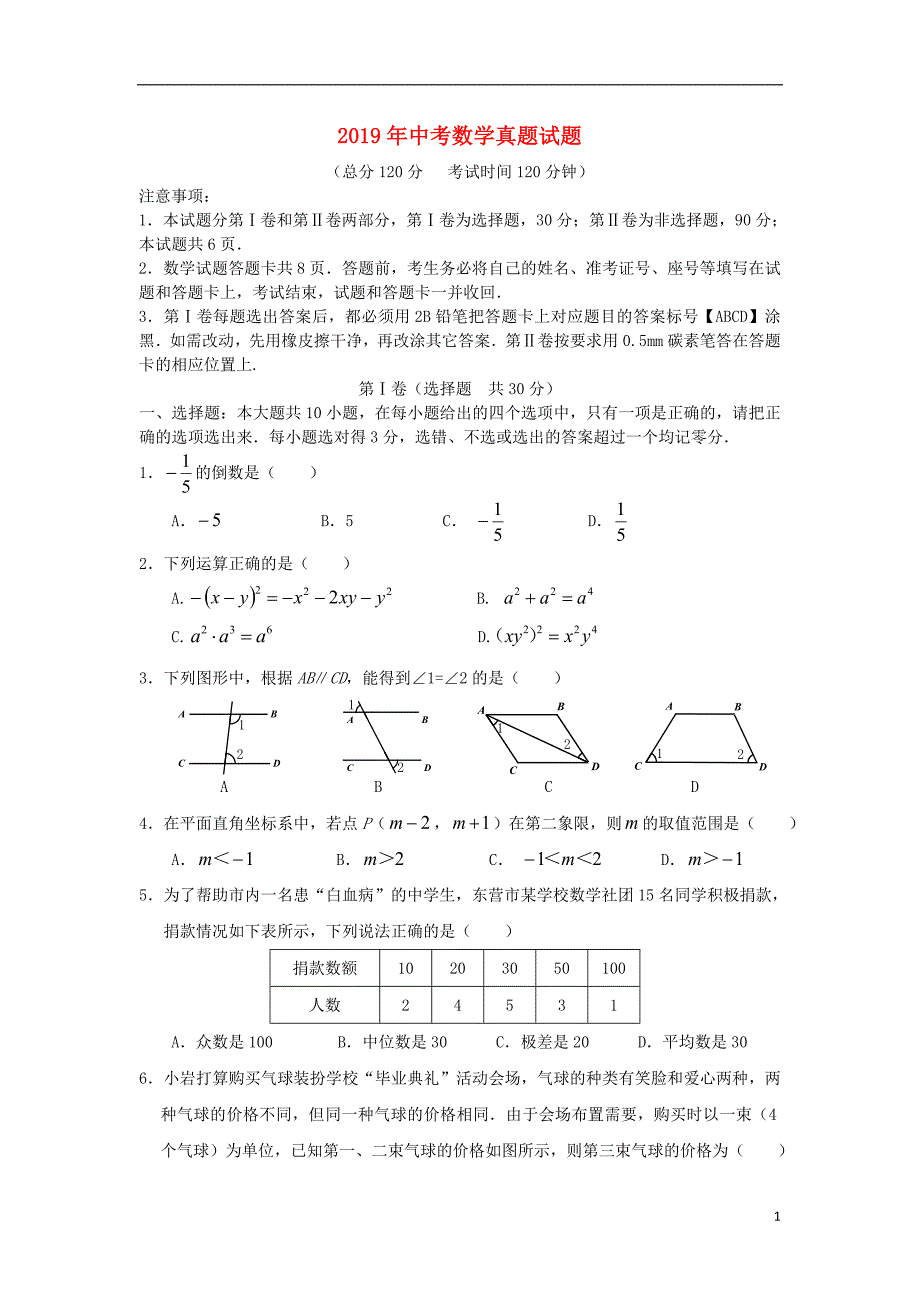 2019年中考数学真题试题(含标准答案)_第1页