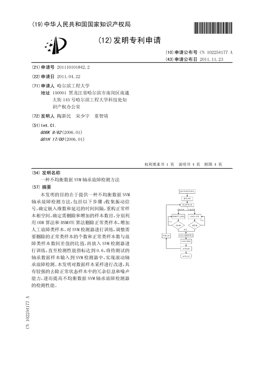 发明专利申请公开说明书CN201110101842.2一种不均衡数据SVM轴承故障检测方法_第1页