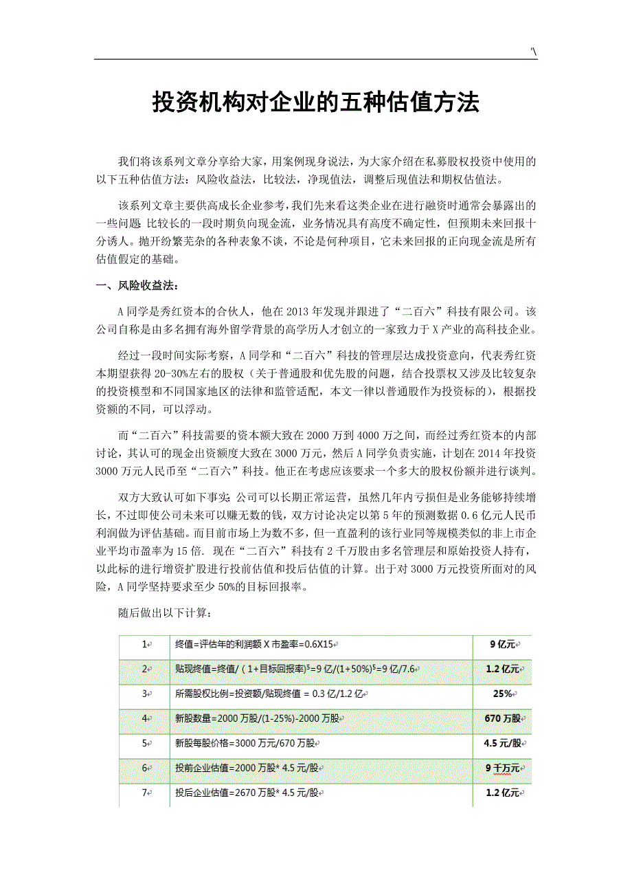 投资机构对企业的的五种估值方法_第1页