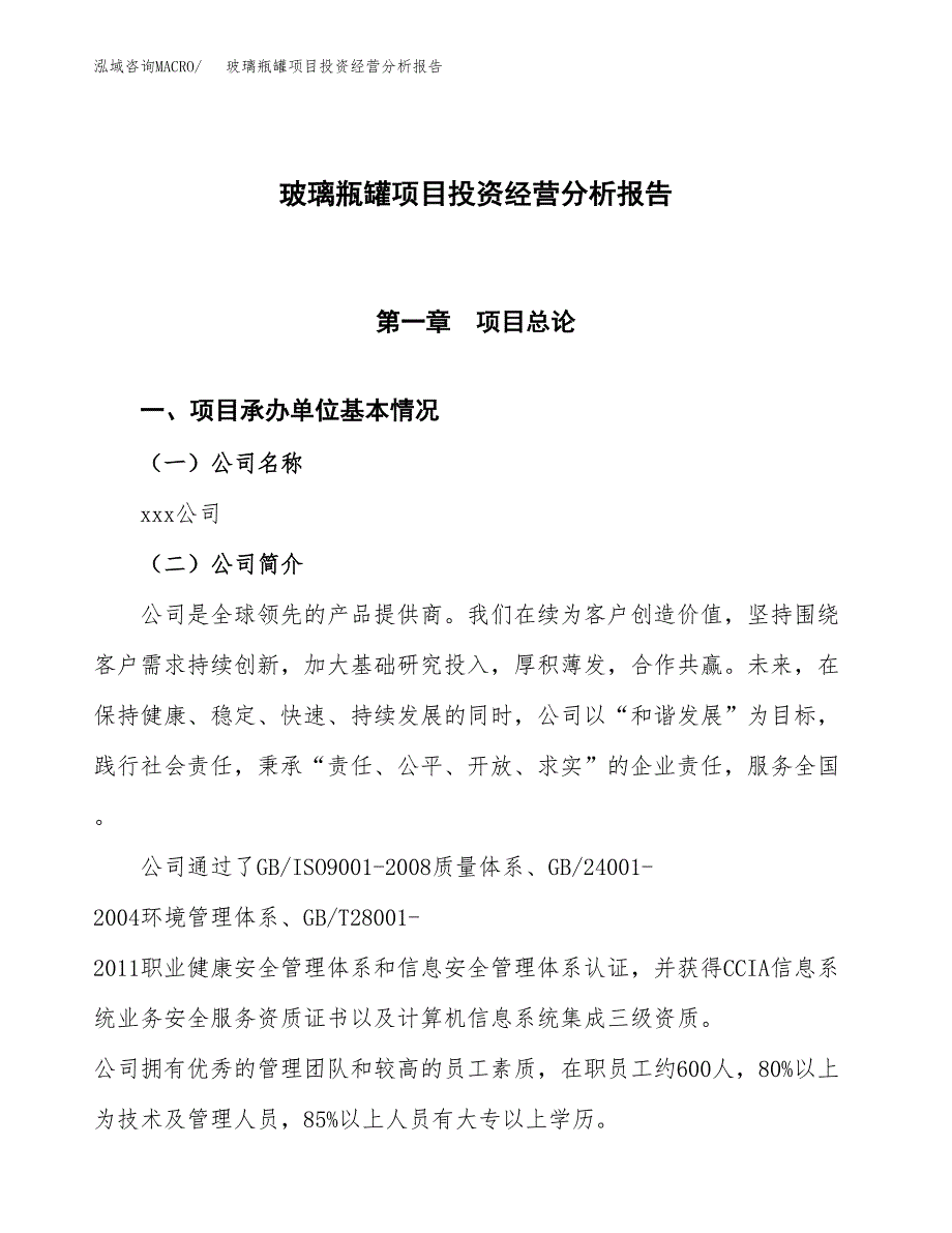 玻璃瓶罐项目投资经营分析报告模板.docx_第1页