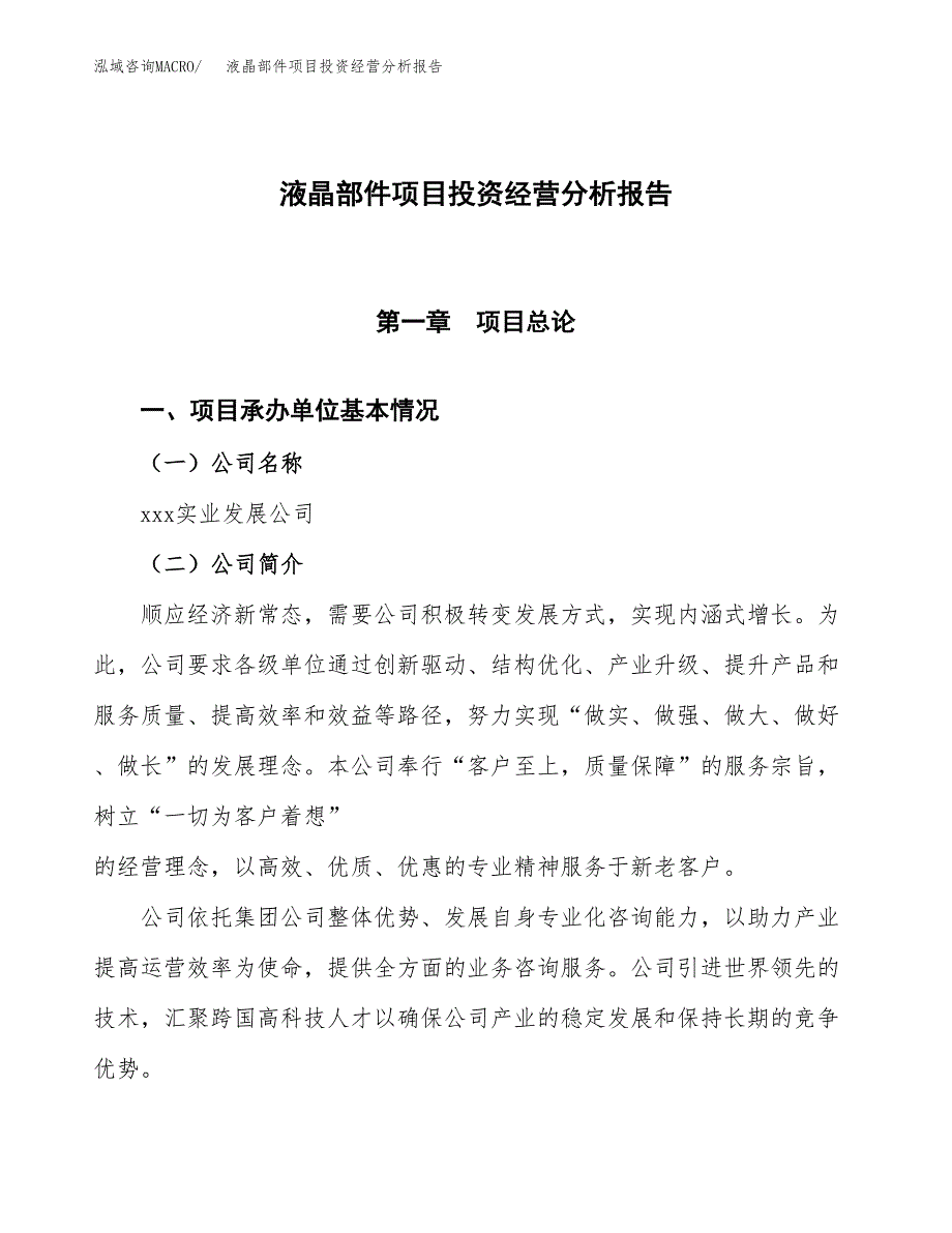 液晶部件项目投资经营分析报告模板.docx_第1页