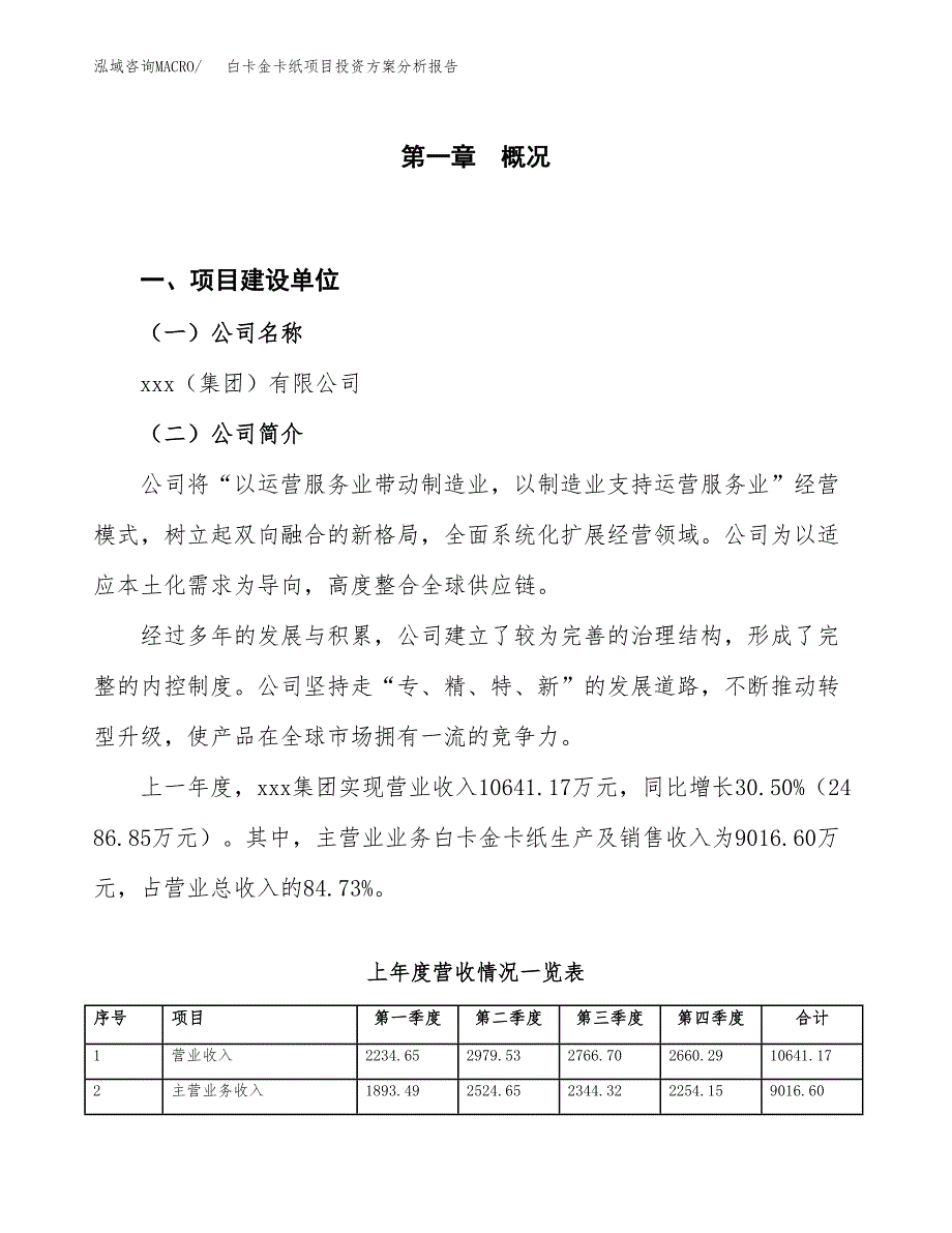 白卡金卡纸项目投资方案分析报告.docx_第1页