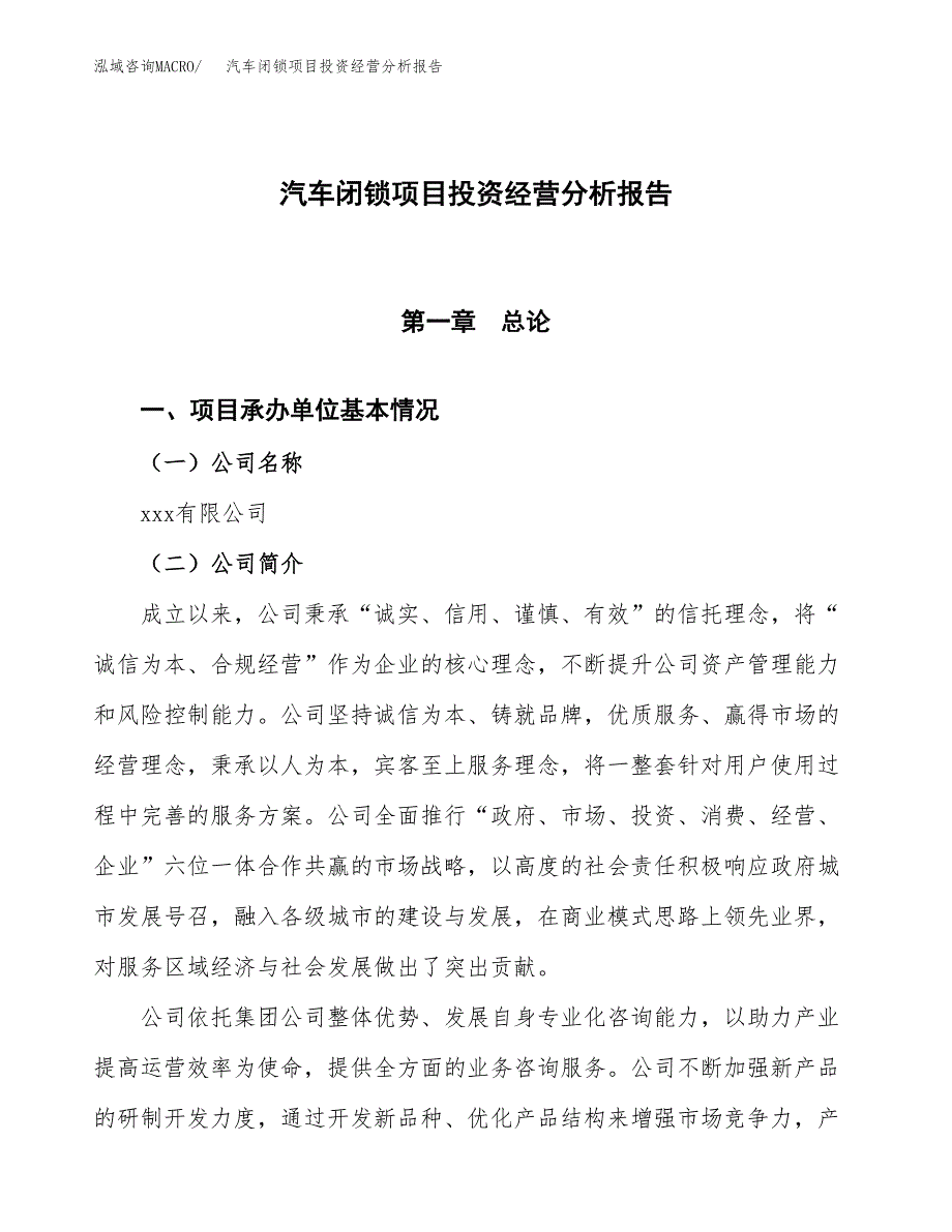 汽车闭锁项目投资经营分析报告模板.docx_第1页