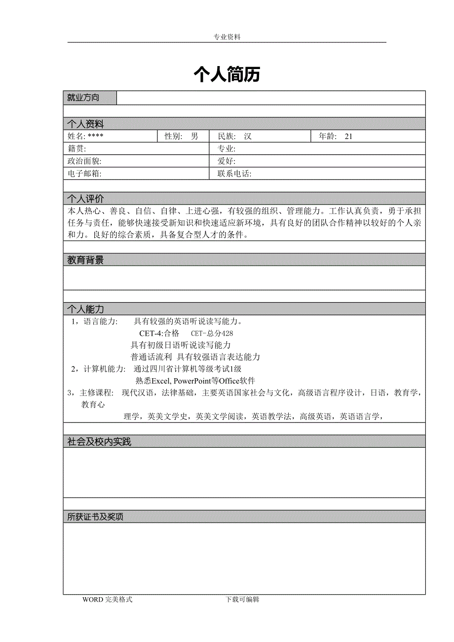 个人简历模板大全-直接下载使用（word版）_第2页