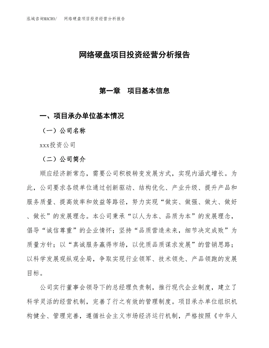 网络硬盘项目投资经营分析报告模板.docx_第1页