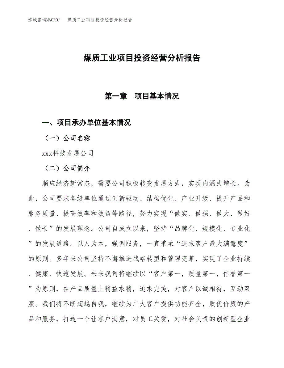 煤质工业项目投资经营分析报告模板.docx_第1页