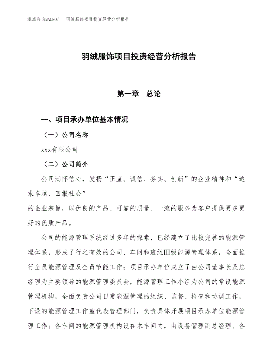 羽绒服饰项目投资经营分析报告模板.docx_第1页