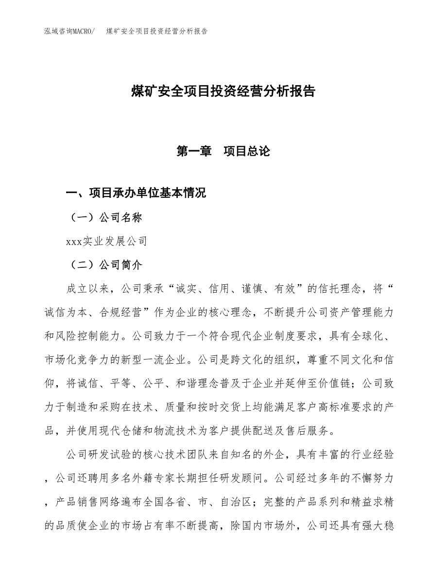 煤矿安全项目投资经营分析报告模板.docx_第1页