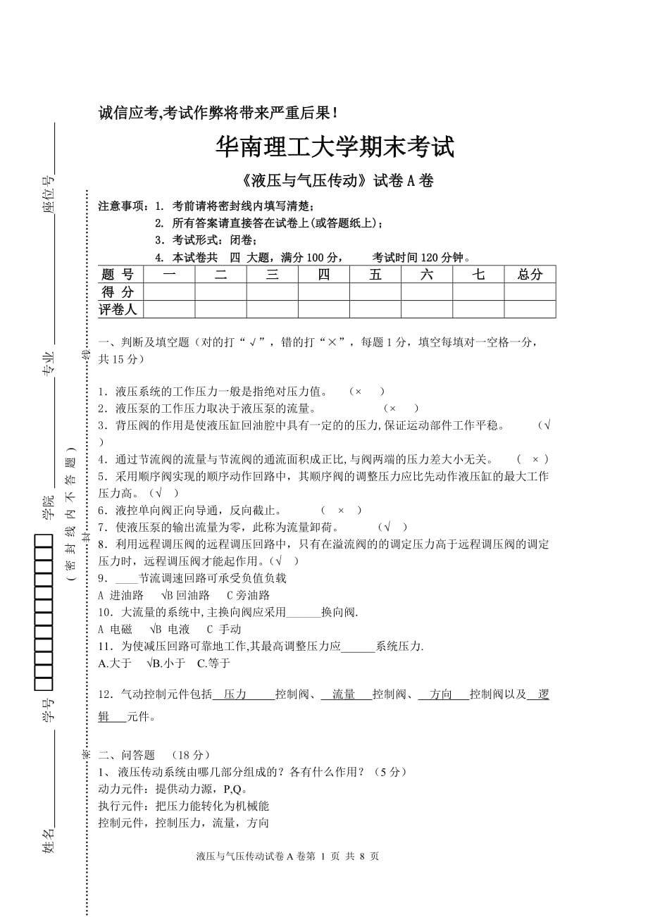 华工2009年液压a卷考题标准答案_第1页