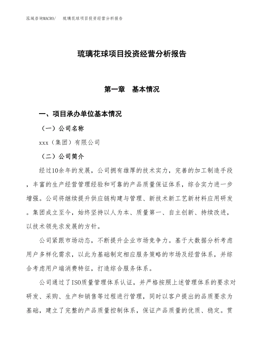 琉璃花球项目投资经营分析报告模板.docx_第1页