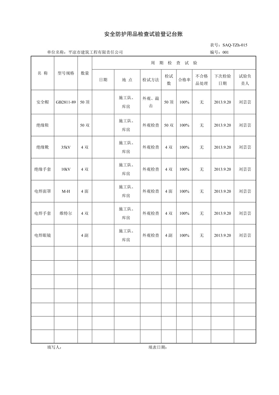 安全防护用品检查试验登记台账_第1页