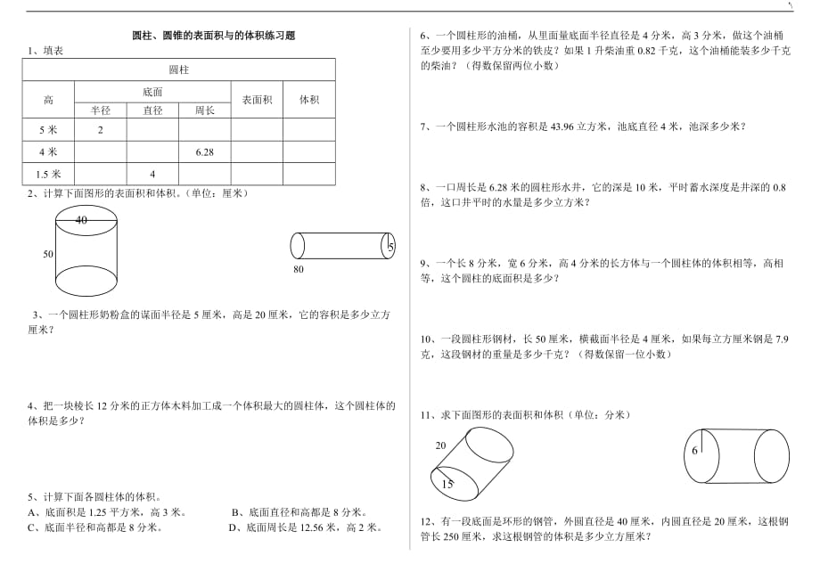 圆柱,圆锥的表面积与体积练习提高题_第1页