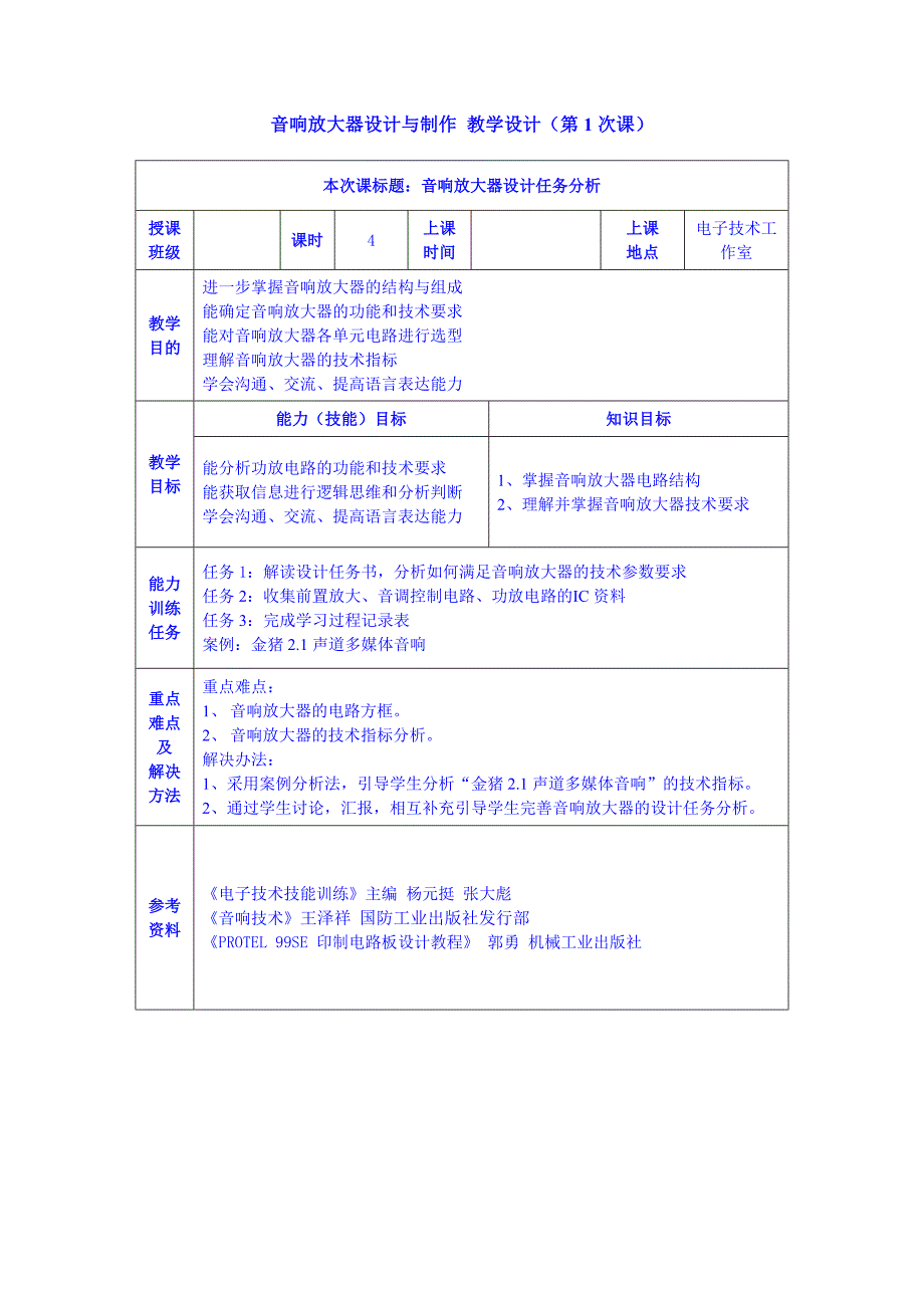 音响放大电路设计与制作教案_第1页