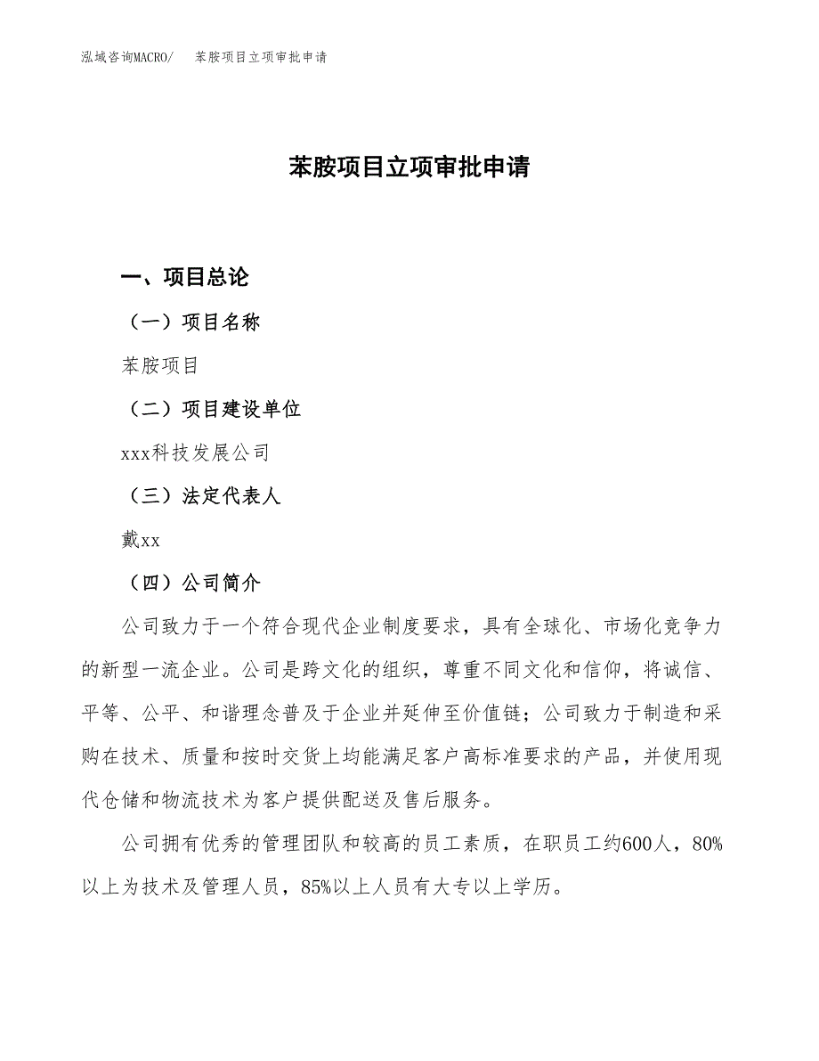 苯胺项目立项审批申请（模板）_第1页