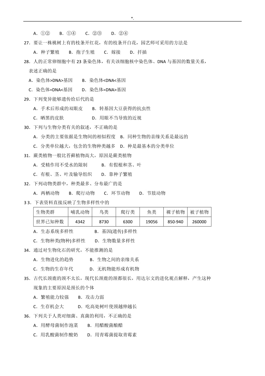 云南2013年初级中学业水平考试-生物试题及其答案解析_第4页