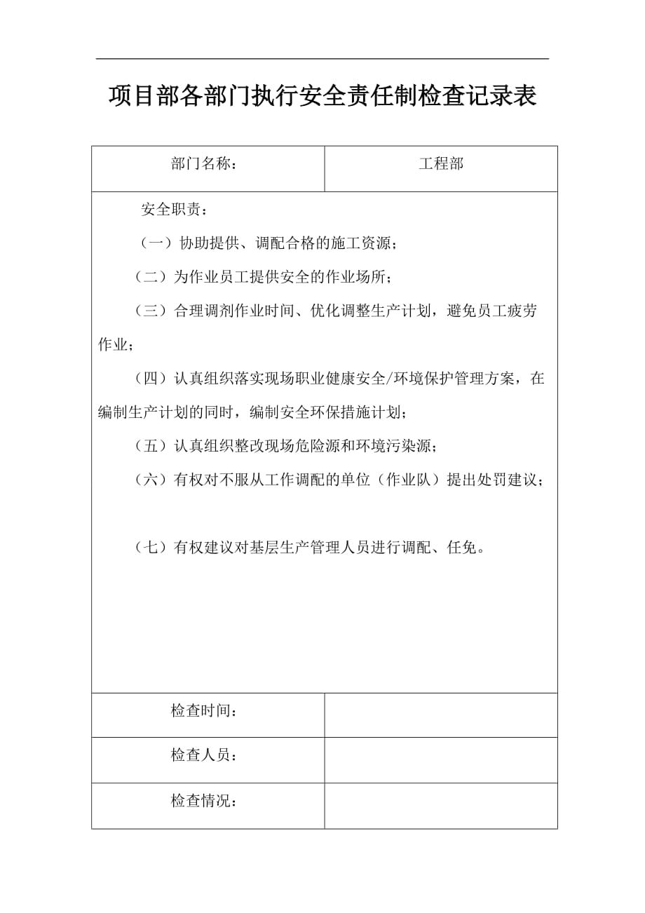 项目部各部门执行安全责任制检查记录表_第1页