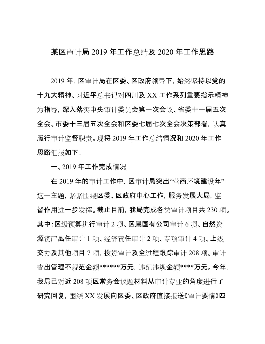 某区审计局2019年工作总结及2020年工作思路_第1页