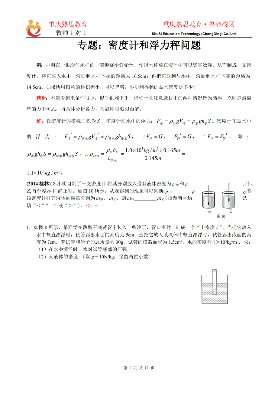 专题：密度计和浮力秤问题解析_第1页