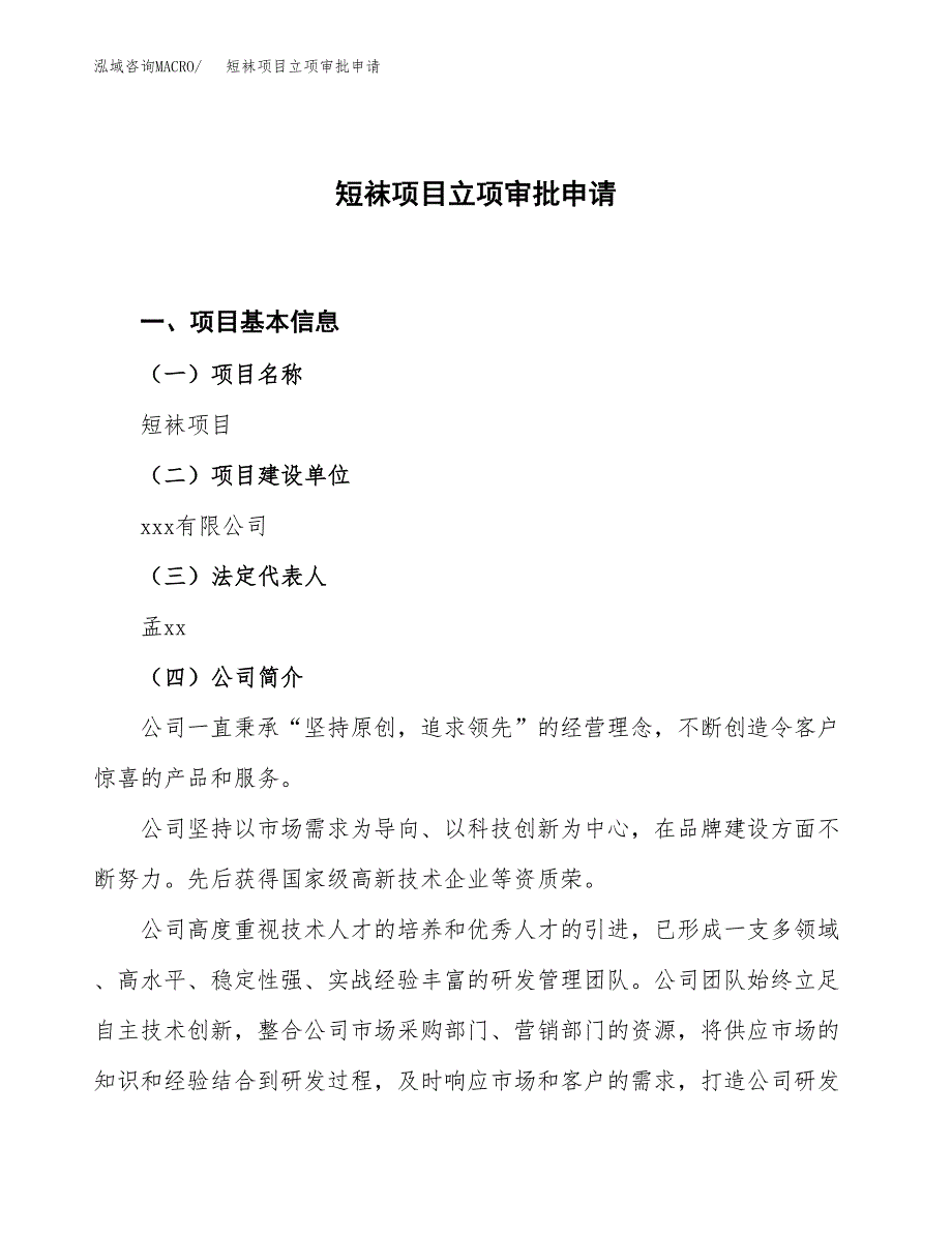 短袜项目立项审批申请（模板）_第1页