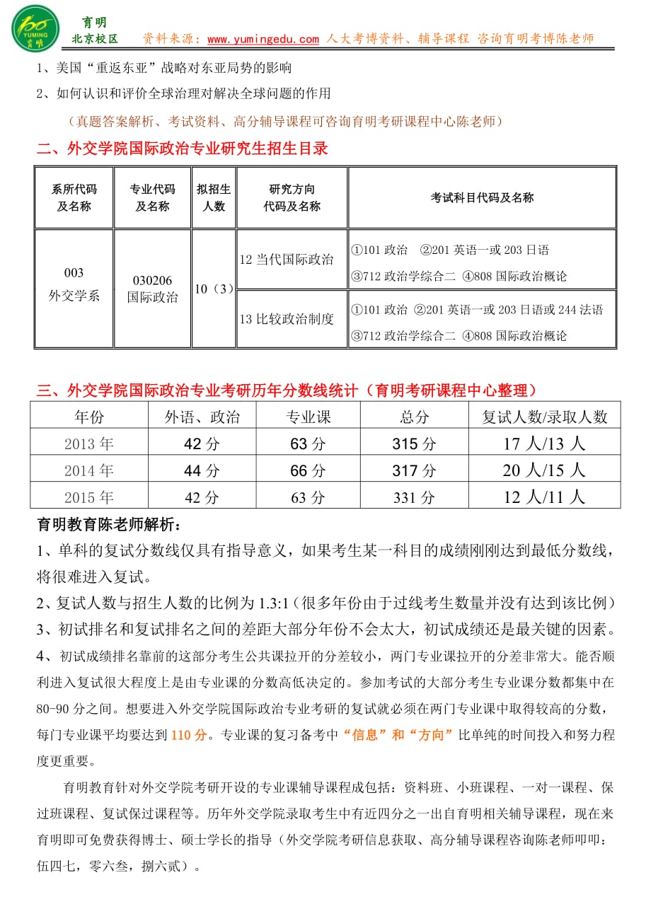 外交学院国际政治专业考研报录比历年真题-育明教育_第3页