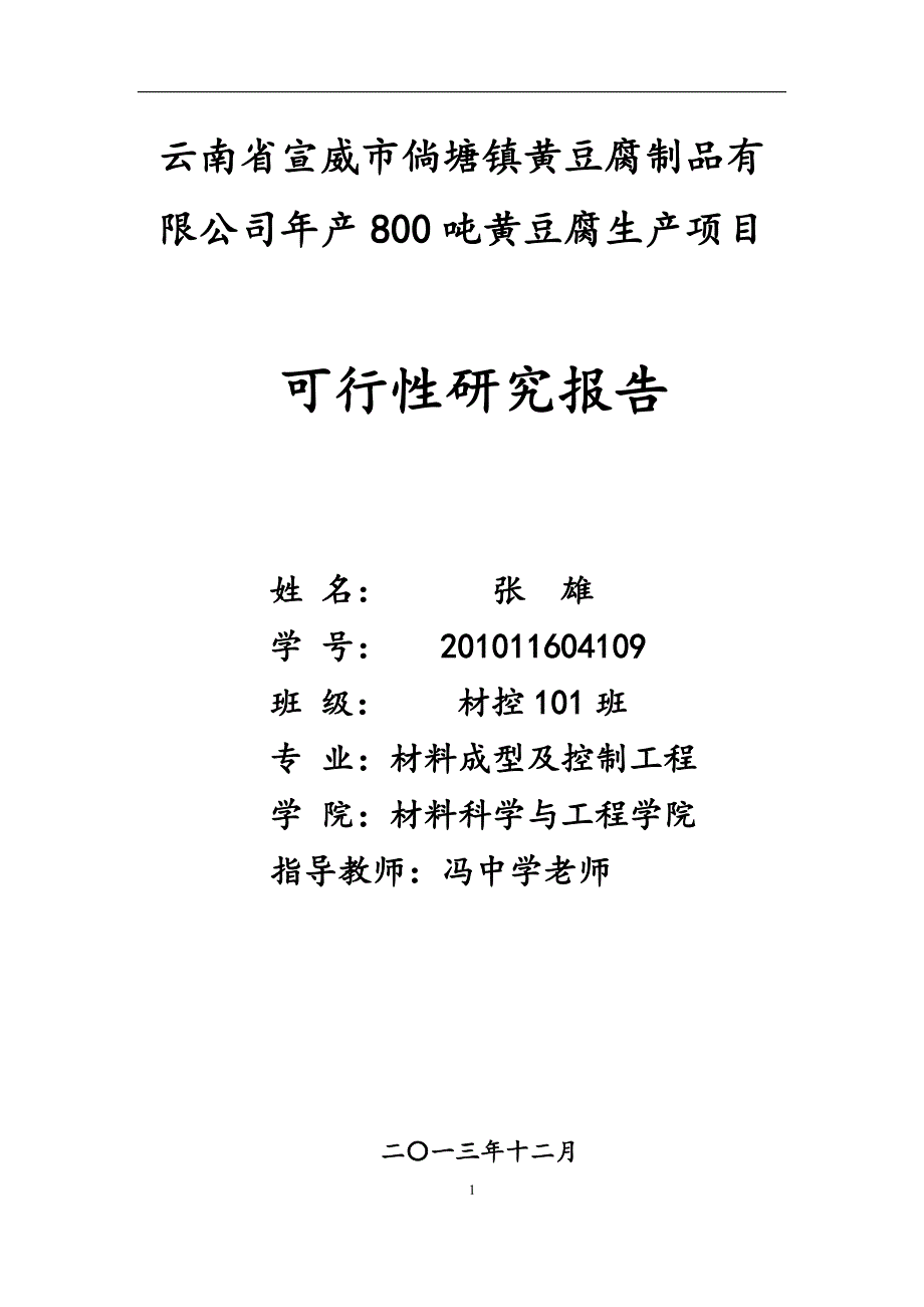 年产吨黄豆腐生产项目可行性报告_第1页