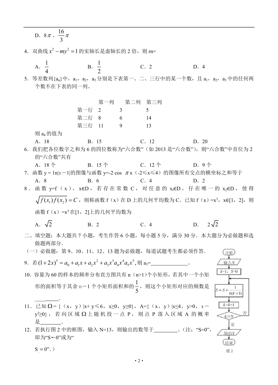 2013年深圳市高三年级第一次调研考试理科数学试卷(深圳一模)_第2页