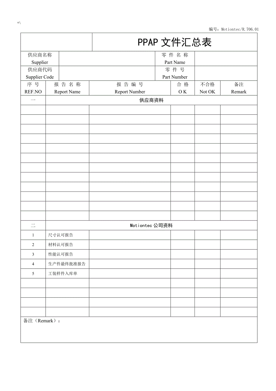 PPAP全套材料表格_第1页