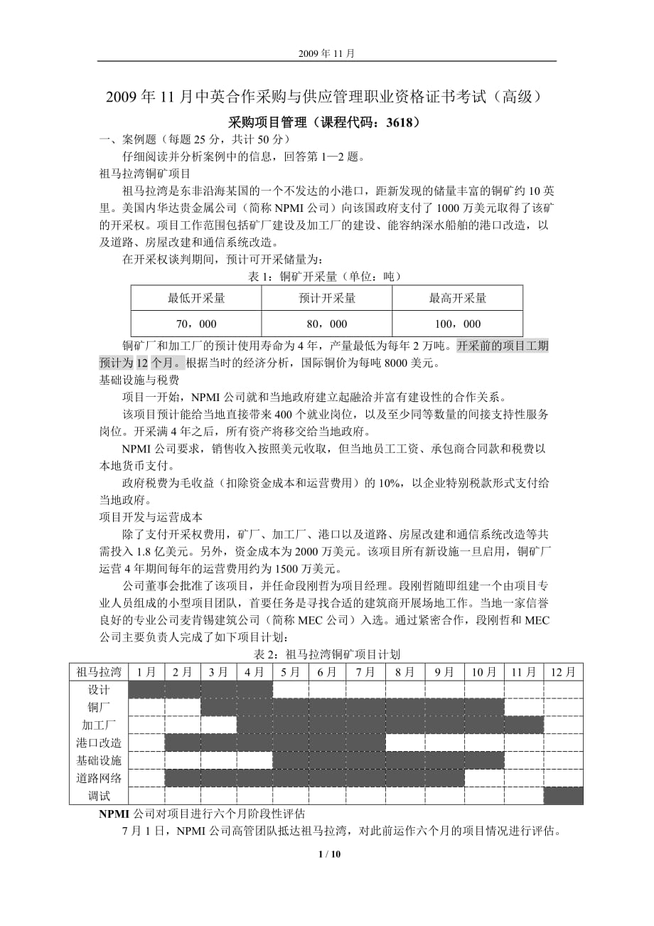 采购项目管理试卷及答案（2009年11月）_第1页