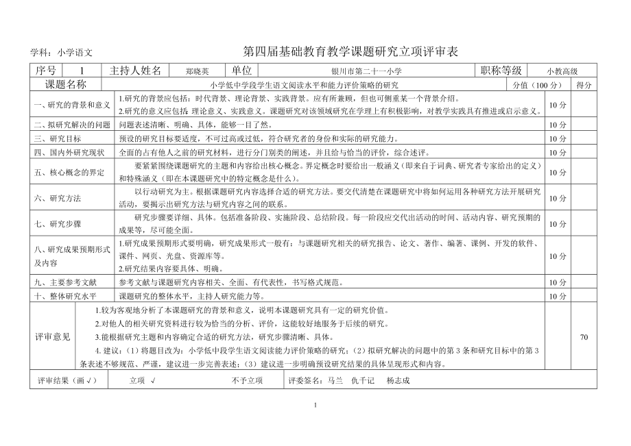 学科：小学语文 第四届基础教育教学课题研究立项评审表_第1页