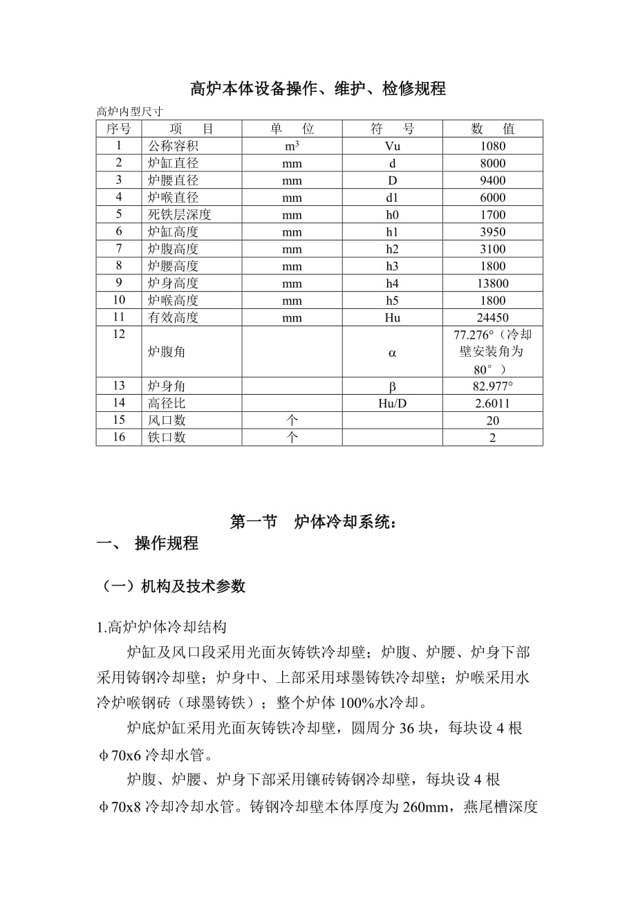 高炉本体设备操作、维护、检修规程_第1页