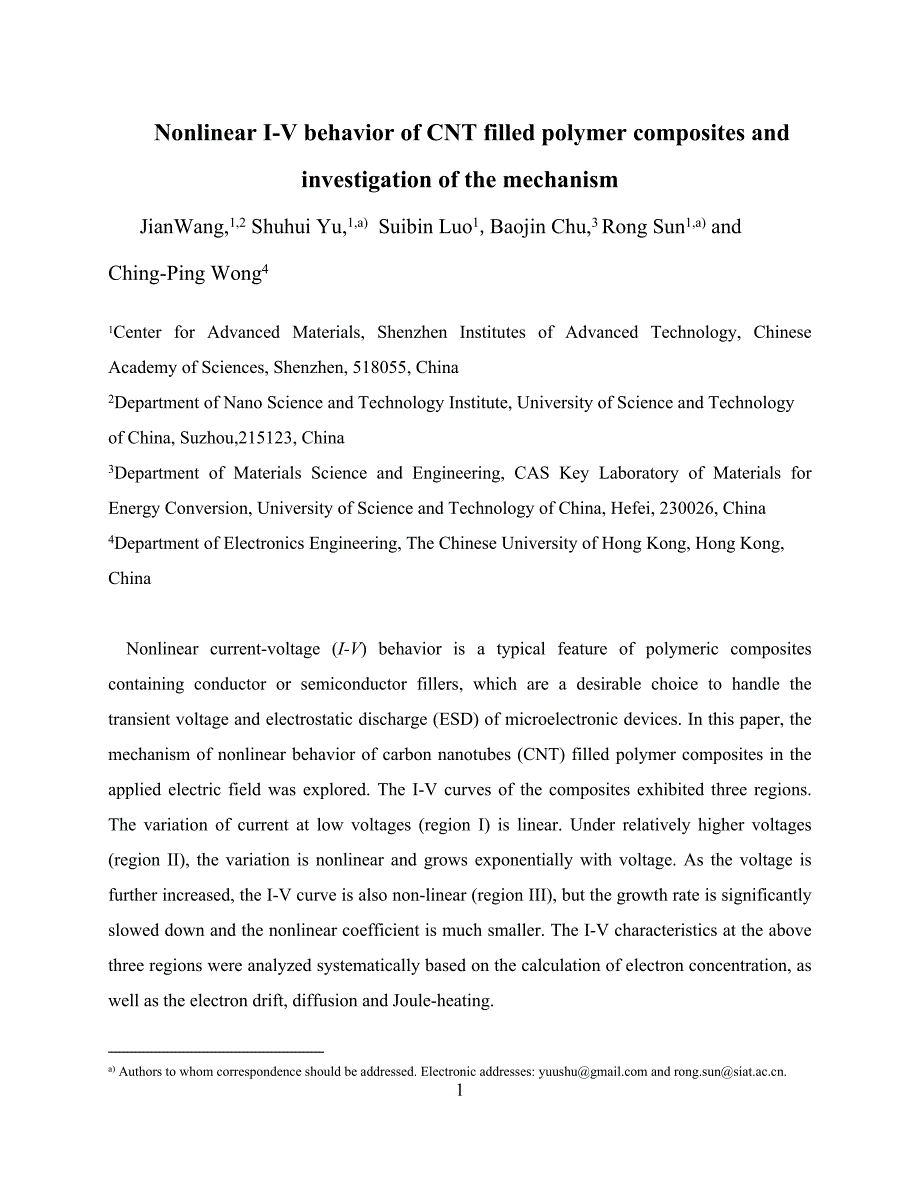 nonlinear i-v behavior of cnt filled polymer composites and investigation of the mechanism_第1页