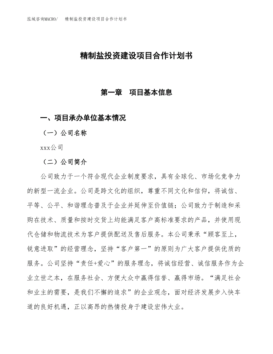 精制盐投资建设项目合作计划书（样本）_第1页