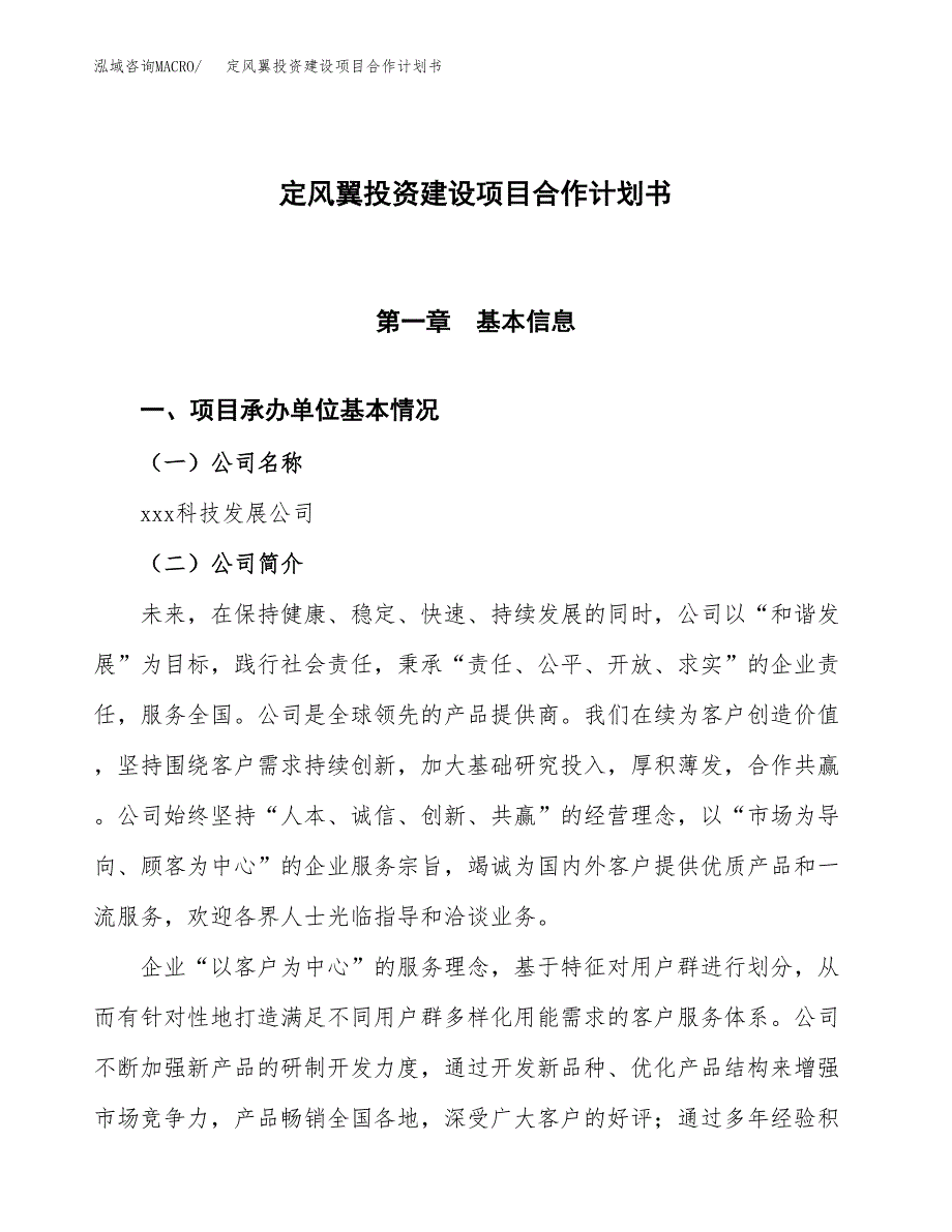 定风翼投资建设项目合作计划书（样本）_第1页