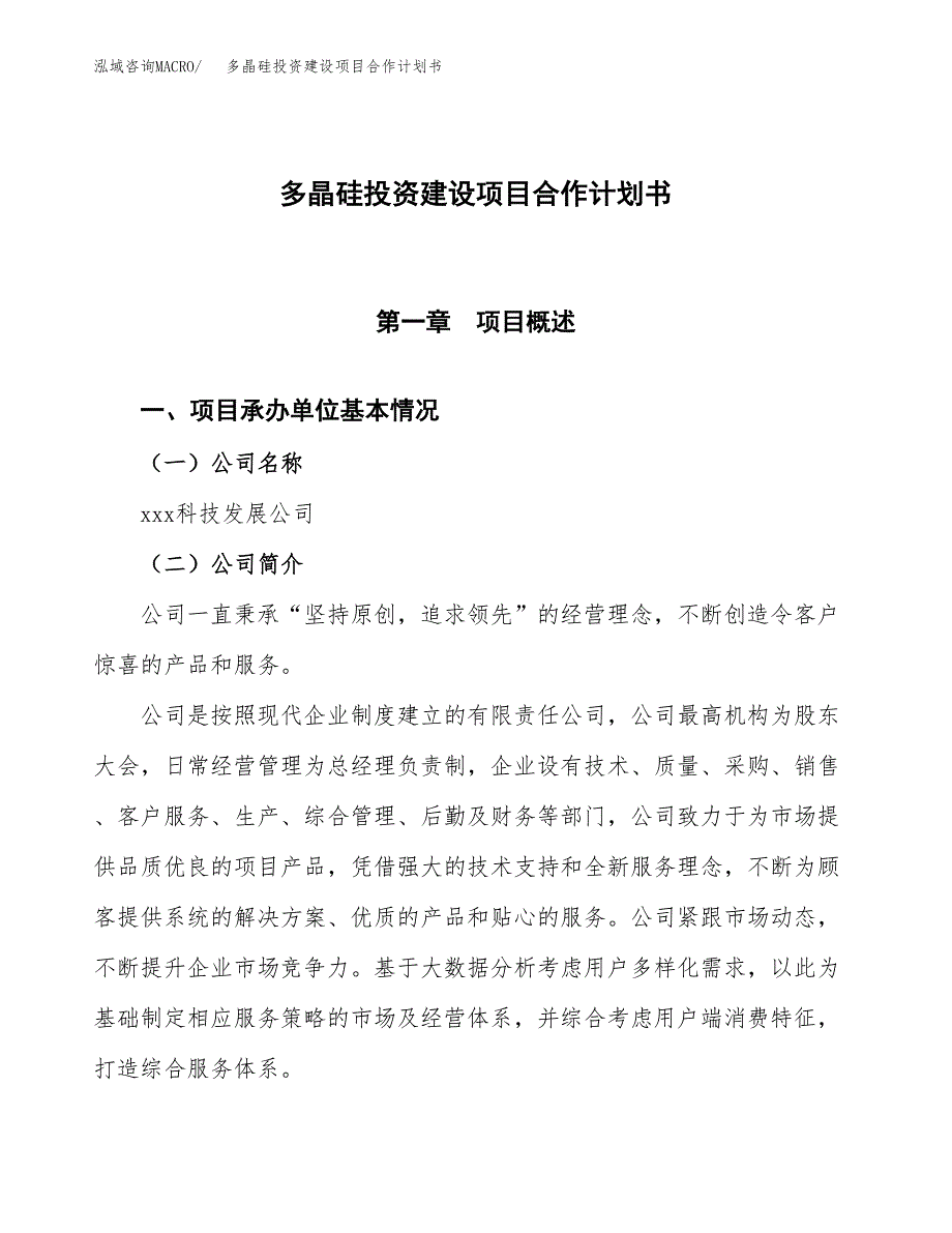 多晶硅投资建设项目合作计划书（样本）_第1页